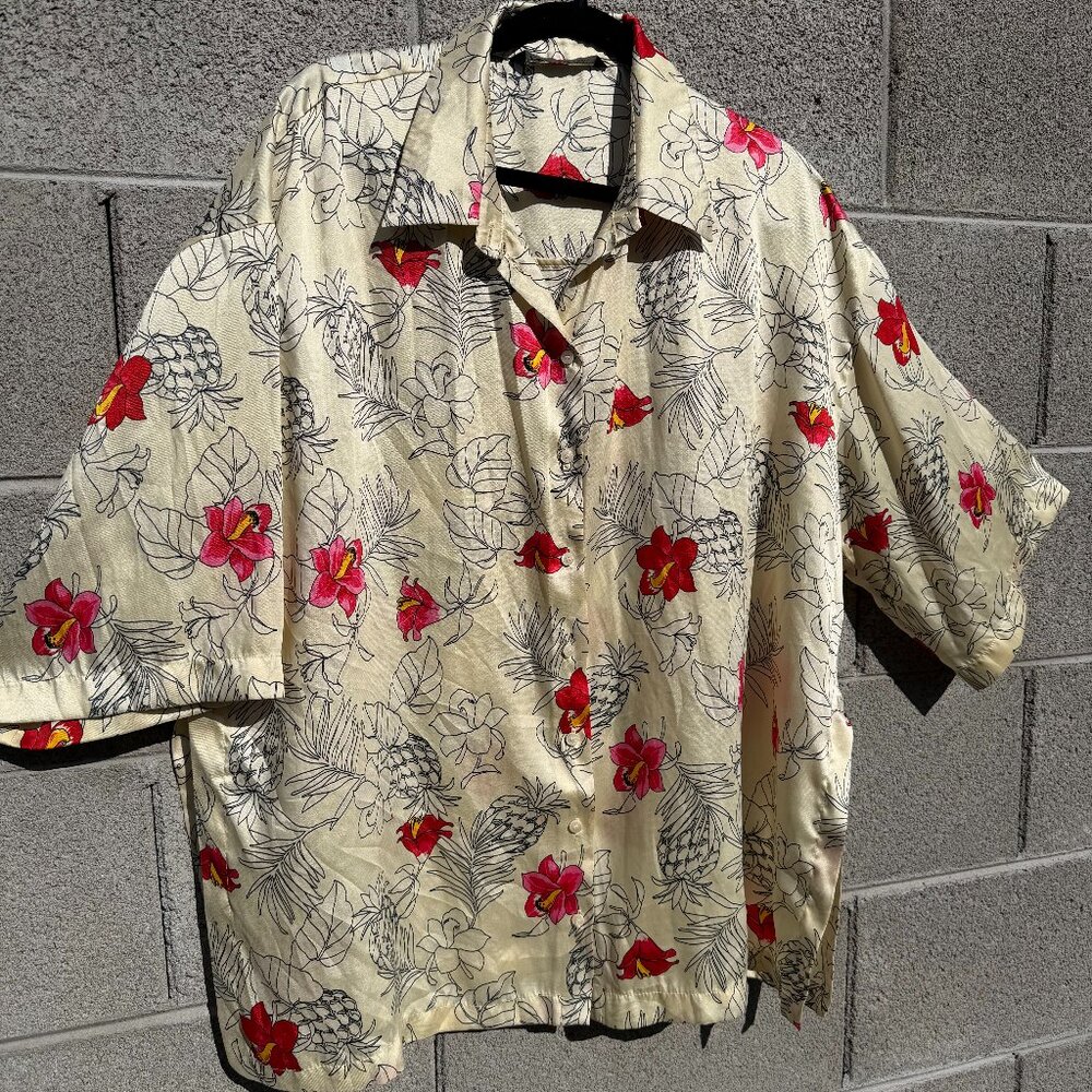 Zara Tropical Short Sleeve Hibiscus Floral Hawaiian Blouse USA L EUR L